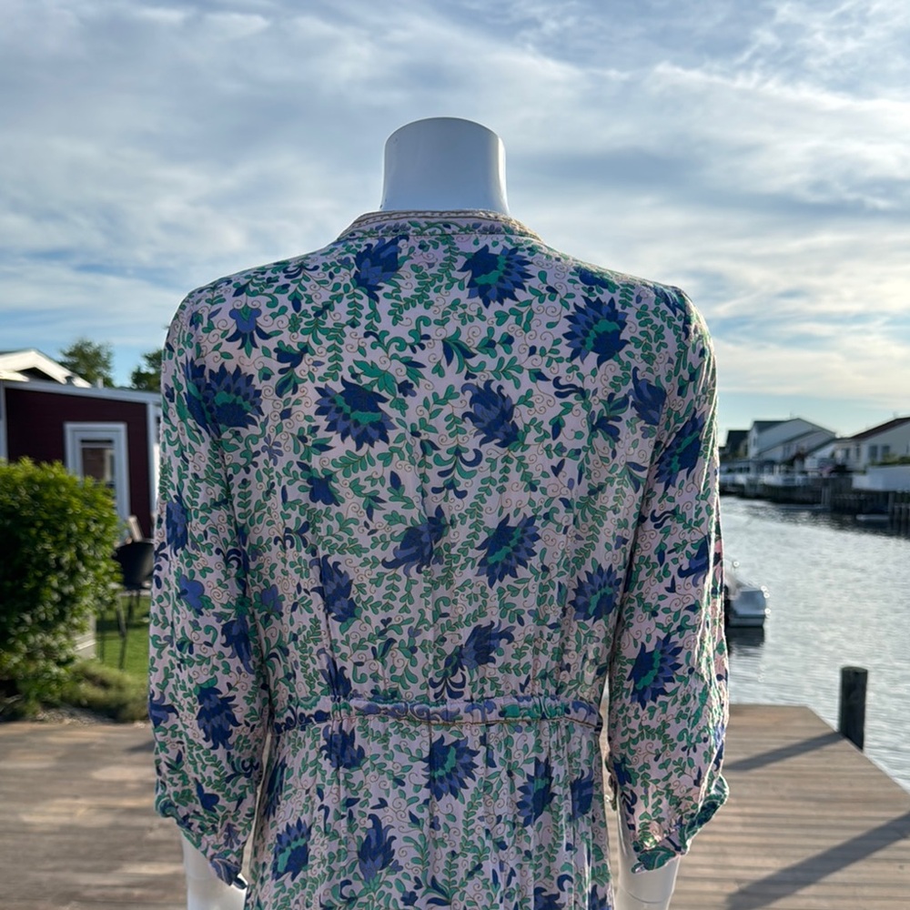 Blue and White Ruffled Midi Sundress with Plunge Neckline - Picture 8 of 16
